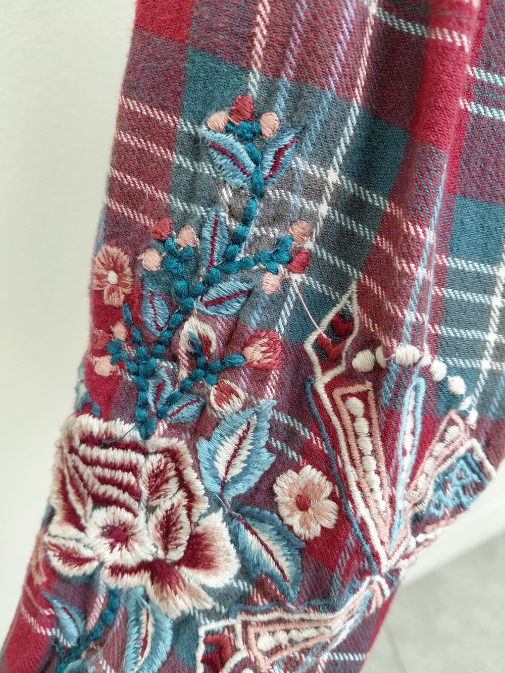 Kyla Seo Embroidered Plaid Flannel Shirt Small Boho Floral Cotton Button Front - Picture 5 of 9